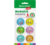 Магниты стеклянные BRAUBERG 35 мм, набор 6 шт, 3D Коты, KIDS, круглые, блистер 272516