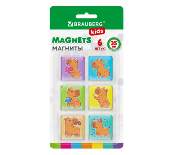 Магниты стеклянные BRAUBERG квадратные 35 мм, набор 6 шт, Капибара, KIDS, блистер 272513 1