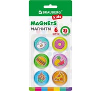 Магниты стеклянные BRAUBERG 35 мм, набор 6 шт, 3D Street Food, KIDS, круглые, блистер 272515