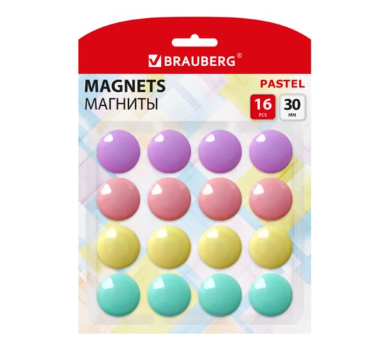 Магниты BRAUBERG 30 мм, набор 16 шт, PASTEL, блистер 272519