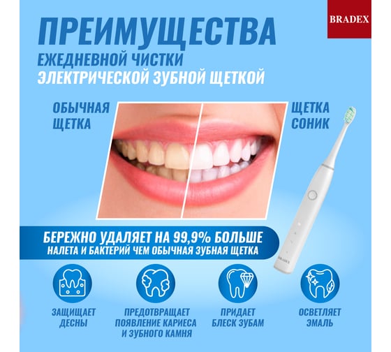 Электрическая зубная щетка BRADEX СОНИК, 2 насадки, белая KZ 1597