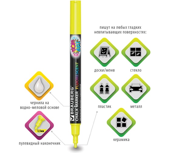 Сухостираемые меловые маркеры BRAUBERG POP-ART набор 6 шт, для гладких поверхностей, 3,5 мм, ассорти, 151526