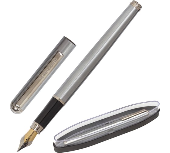 Подарочная перьевая ручка BRAUBERG Larghetto синяя, серебристый корпус с хромом, линия 0.25 мм 143475