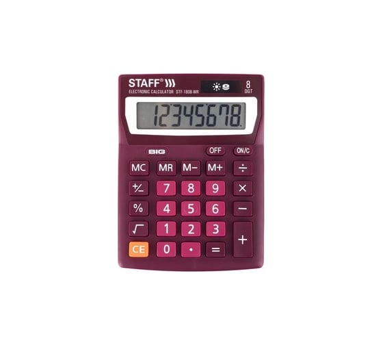 Настольный калькулятор STAFF STF-1808-WR компактный 140х105 мм, 8 разрядный, бордовый 250467