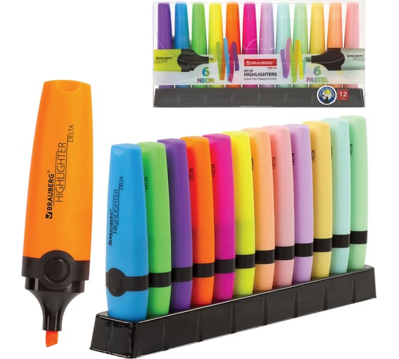 Текстовыделители BRAUBERG DELTA набор 12 шт, ассорти, линия 1-5 мм 151737