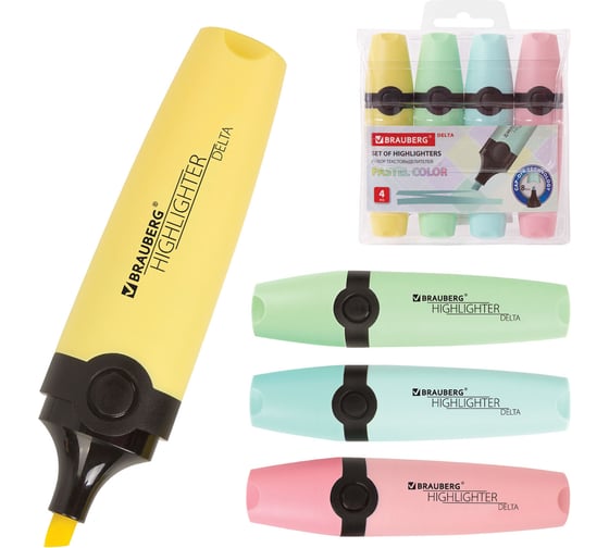 Текстовыделители BRAUBERG DELTA PASTEL набор 4 шт, ассорти, линия 1-5 мм 151735
