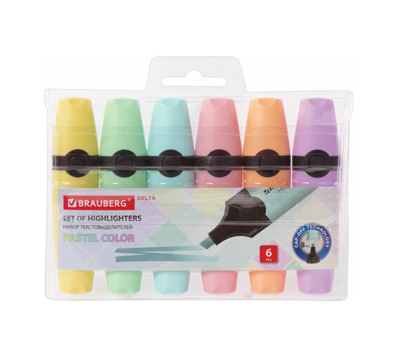 Текстовыделители BRAUBERG DELTA PASTEL набор 6 шт, ассорти, линия 1-5 мм 151736 1