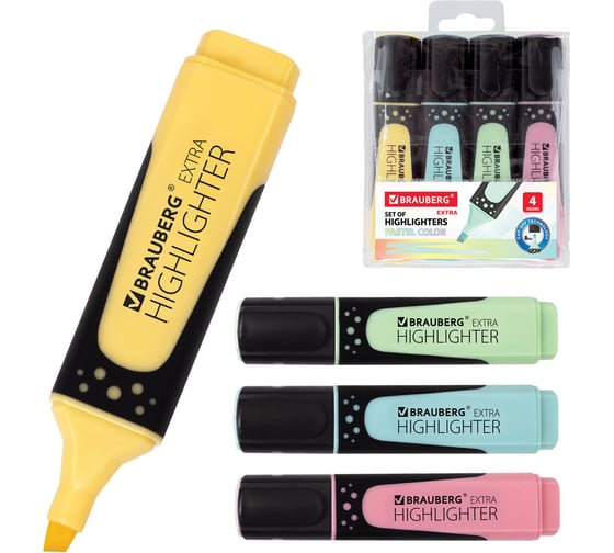 Текстовыделители BRAUBERG SUPER PASTEL набор 4 шт, ассорти, прорезиненный корпус, 1-5 мм 151756