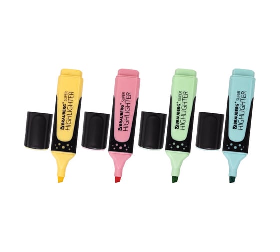 Текстовыделители BRAUBERG SUPER PASTEL набор 4 шт, ассорти, прорезиненный корпус, 1-5 мм 151756