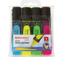 Текстовыделители BRAUBERG SUPER набор 4 шт, ассорти, прорезиненный корпус, 1-5 мм 151746