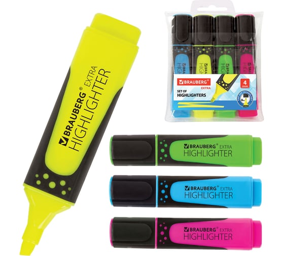 Текстовыделители BRAUBERG SUPER набор 4 шт, ассорти, прорезиненный корпус, 1-5 мм 151746