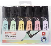 Текстовыделители BRAUBERG SUPER PASTEL набор 6 шт, ассорти, прорезиненный корпус 1-5 мм, 151757