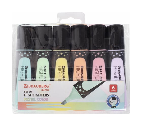 Текстовыделители BRAUBERG SUPER PASTEL набор 6 шт, ассорти, прорезиненный корпус 1-5 мм, 151757