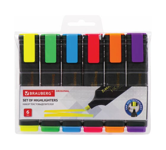 Текстовыделители BRAUBERG ORIGINAL набор 6 шт, ассорти, линия 1-5 мм 151690