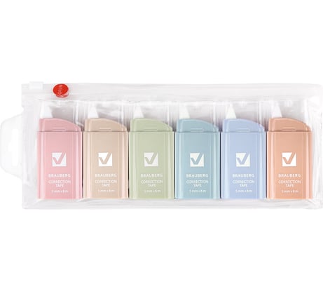 Корректирующая лента BRAUBERG Compact Pastel, 5 мм х 6 м, комплект 6 штук, пенал с zip-lock, 272496