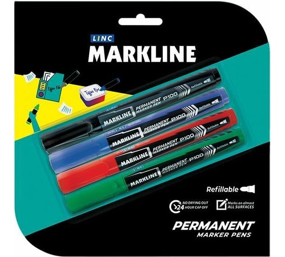 Набор перманентных маркеров Linc PERMANENT 2.5-3.7 мм, круглый, 4 шт P100/4color