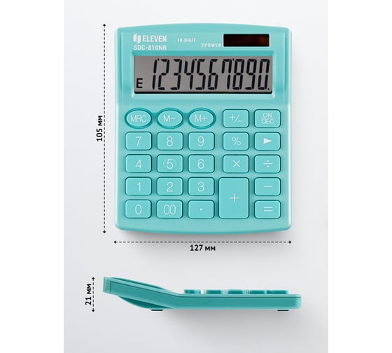Калькулятор настольный Eleven SDC-810NR-GN, 10 разрядов, двойное питание, 127х105х21 мм, бирюзовый 339215