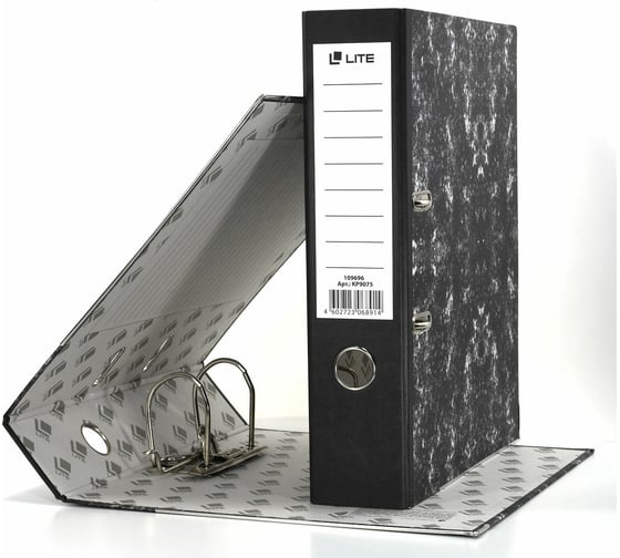 Папка-регистратор LITE 75 мм, мрамор, черный, металлическая окантовка, собранный KP9075