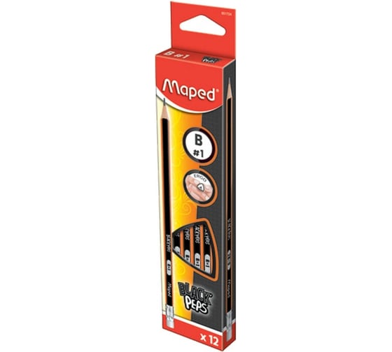Чернографитные карандаши MAPED Black Pep's Deco B, трехгранные, с резинкой, 12 шт 181604