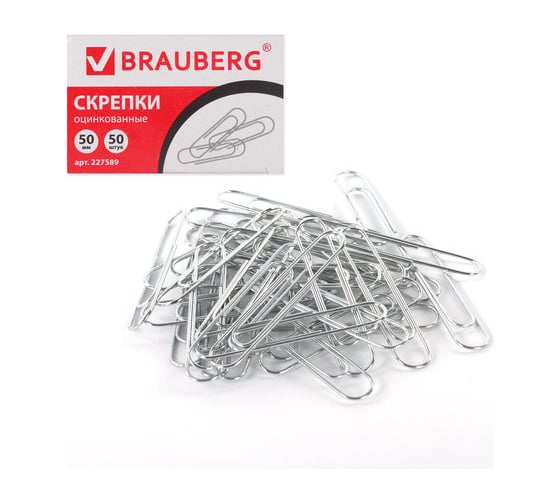 Скрепки 10 шт в упаковке BRAUBERG большие 50 мм оцинкованные 50 шт. в картонной коробке  227589