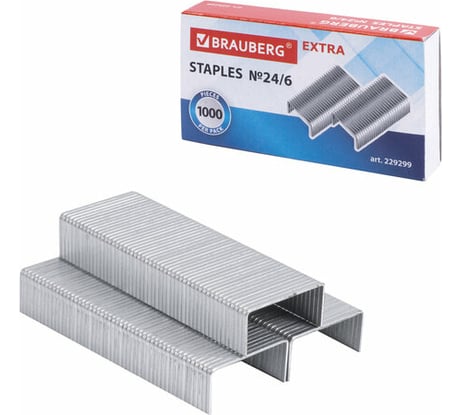 Скобы для степлера 20 шт в упаковке BRAUBERG цинковое покрытие №24/6 1000 штук EXTRA до 30 листов  229299