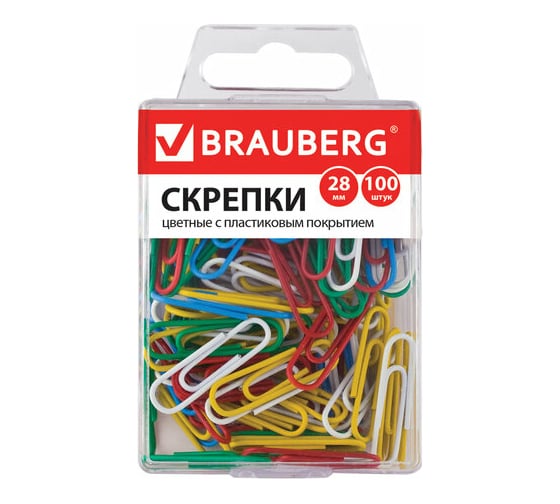 Скрепки 40 шт в упаковке BRAUBERG 28 мм цветные 100 шт. в пласт. кор.  221111