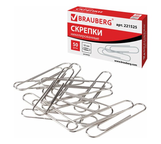 Скрепки 72 шт в упаковке BRAUBERG большие 50 мм никелированные 50 шт. в картонной коробке РОССИЯ  221525
