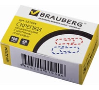 Скрепки 30 шт в упаковке BRAUBERG 28 мм с цветными полосками 100 шт. в карт. коробке  221534