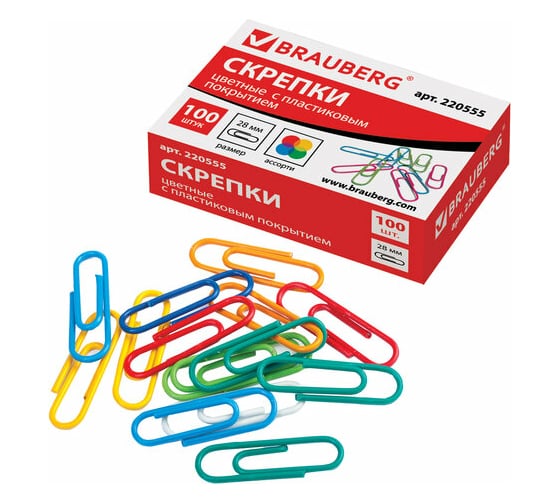 Скрепки 108 шт в упаковке BRAUBERG 28 мм цветные 100 шт. в картонной коробке RU  220555