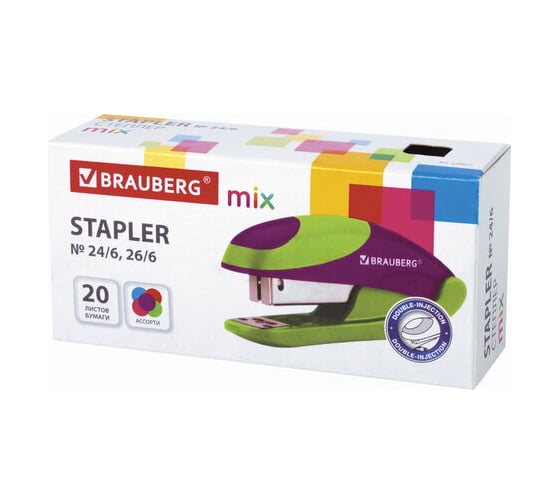 Степлер BRAUBERG MIX №24/6, 26/6, до 20 листов, с резиновыми вставками, ассорти 229077 1