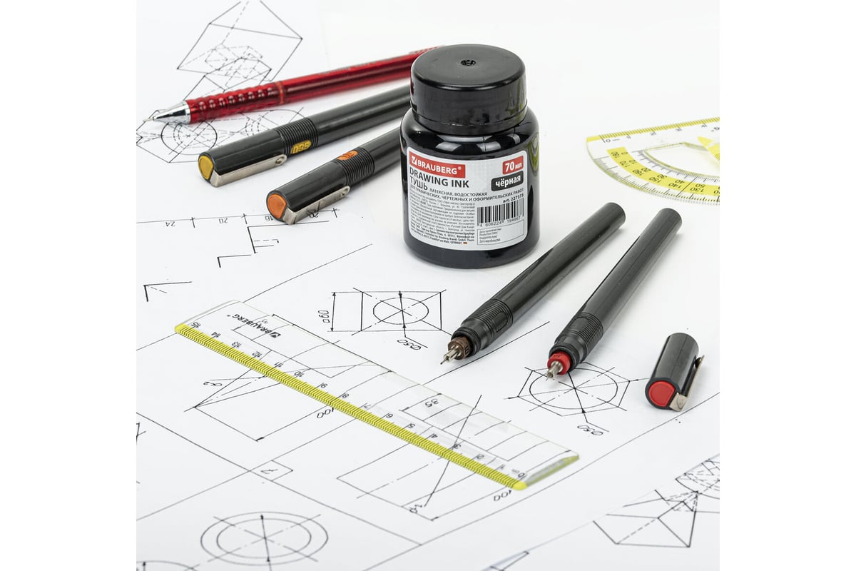 Чертежная тушь BRAUBERG 70мл черная, водостойкая, латексная черчение,графика,  оформление, 60 шт 227373 - выгодная цена, отзывы, характеристики, фото -  купить в Москве и РФ