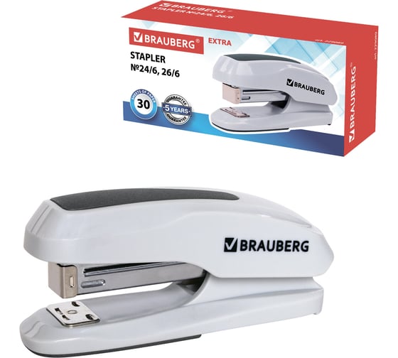 Степлер BRAUBERG Super №24/6, 26/6, до 30 листов, серый 229089