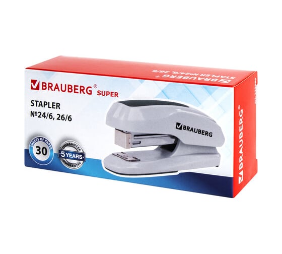 Степлер BRAUBERG Super №24/6, 26/6, до 30 листов, серый 229089