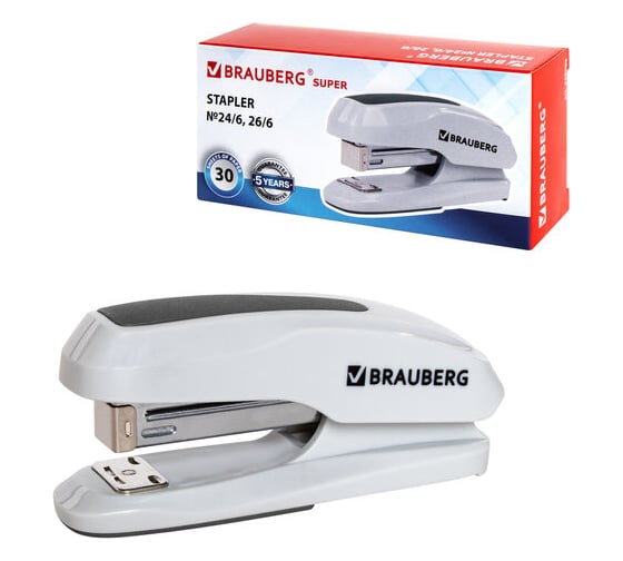 Степлер BRAUBERG Super №24/6, 26/6, до 30 листов, серый 229089