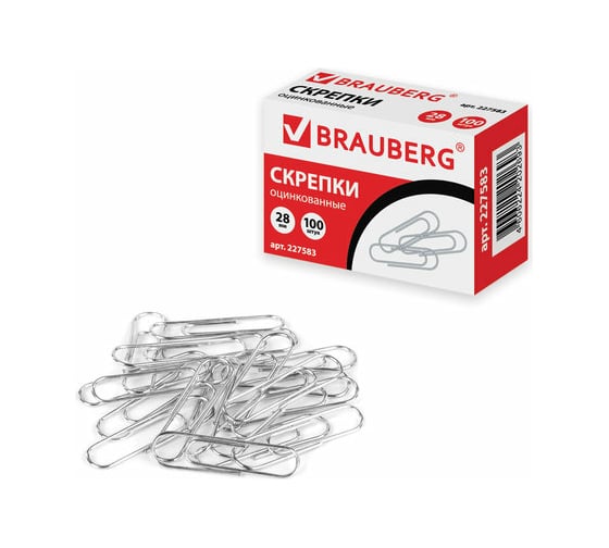 Скрепки 10 шт в упаковке BRAUBERG  28 мм оцинкованные 100 шт. в картонной коробке  227583