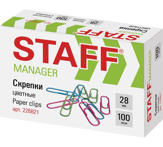 Скрепки 10 шт в упаковке Staff Manager 28 мм цветные 100 шт. в картонной коробке  226821