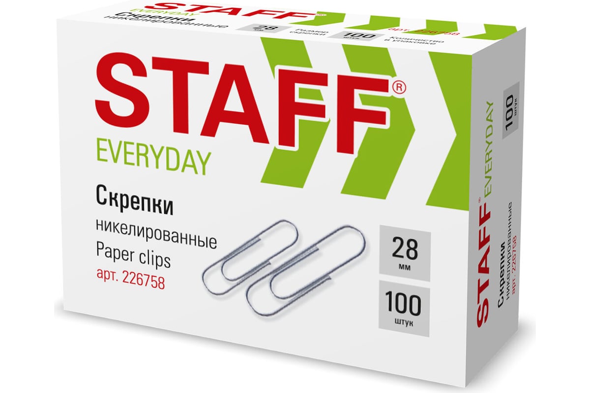 Никелированные скрепки STAFF EVERYDAY, 28 мм, 100 шт, в картонной коробке  226758