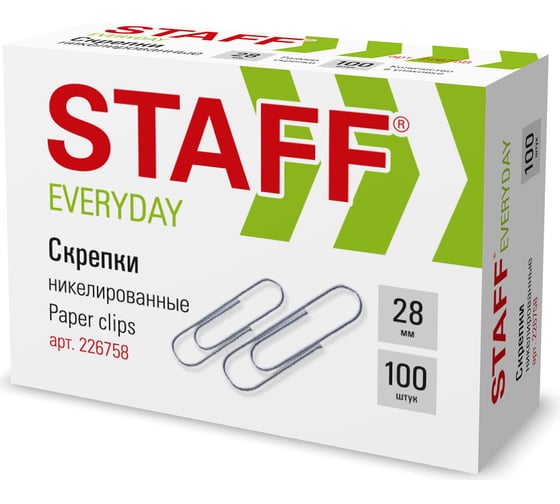 Никелированные скрепки STAFF EVERYDAY, 28 мм, 100 шт, в картонной коробке 226758 1