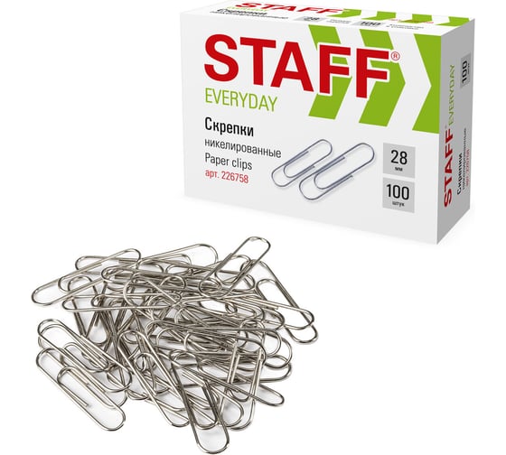 Никелированные скрепки STAFF EVERYDAY, 28 мм, 100 шт, в картонной коробке 226758