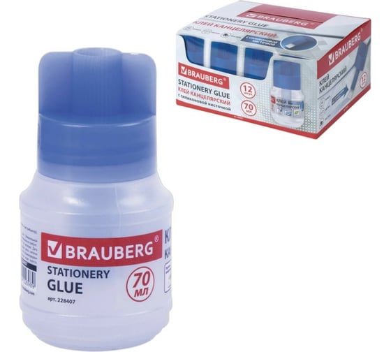 Клей канцелярский 12 шт в упаковке BRAUBERG  70 мл. с кисточкой  228407