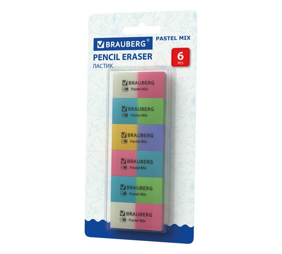 Набор ластиков 24 шт в упаковке BRAUBERG "Pastel Mix" 6 шт. цвета ассорти 44*21*10мм экологичный ПВХ  229597