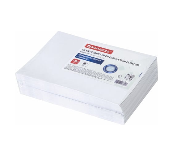 Конверты BRAUBERG С6 114х162 мм, отрывная лента 80г/м2 комплект 100 шт, внутренняя запечатка 112190
