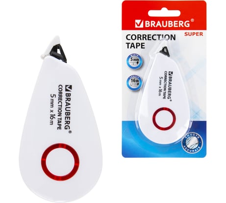 Корректирующая лента BRAUBERG SUPER, 5ммх16м, корпус белый, блистер 229061