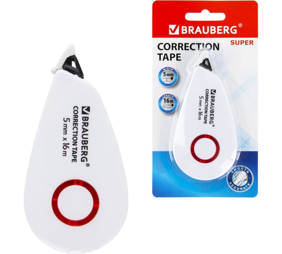 Корректирующая лента BRAUBERG SUPER, 5ммх16м, корпус белый, блистер 229061