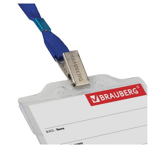 Бейдж 10 шт в упаковке BRAUBERG горизонтальный (55х85мм) на синей ленте 45 см твердый пластик  232138
