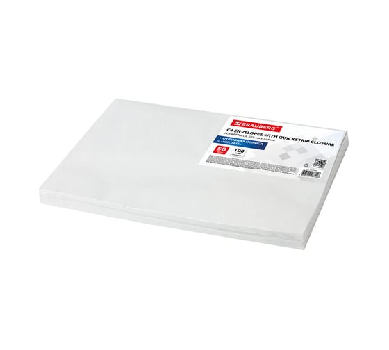 Конверты BRAUBERG С4 229х324 мм, отрывная лента 100г/м2 комплект 50 шт, внутренняя запечатка 112181