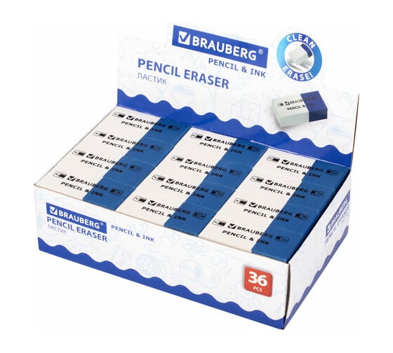 Ластик 36 шт в упаковке BRAUBERG "PENCIL INK" 39*18*12мм для ручки и карандаша бело-синий  229578