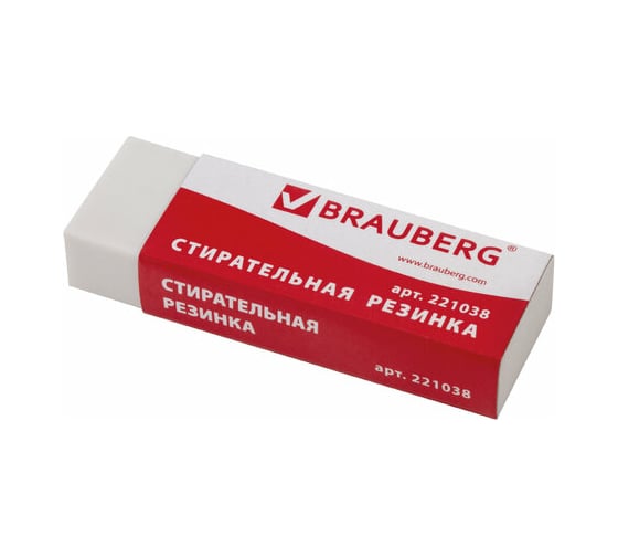 Ластик BRAUBERG большой "Office 20" 60х20х11 мм белый прямоугольный картонный держатель 221038 1