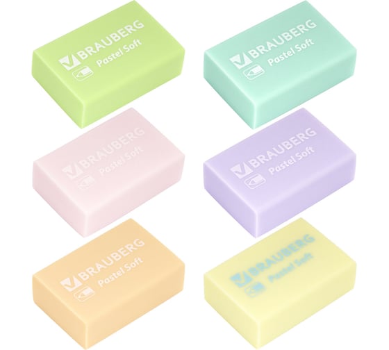 Набор ластиков BRAUBERG Pastel Soft 12 шт., размер ластика 31х20х10 мм, экологичный ПВХ 229598