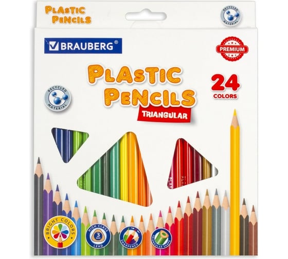 Цветные карандаши BRAUBERG PREMIUM пластиковые, 24 цвета, трехгранные, грифель мягкий 3 мм 181663
